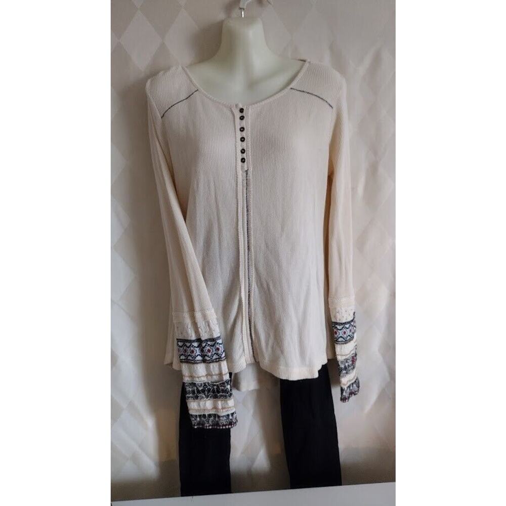 Sundance‎ Waffle Fabric Long Sleeve Henley Top, Size M Cream Multi NWOT